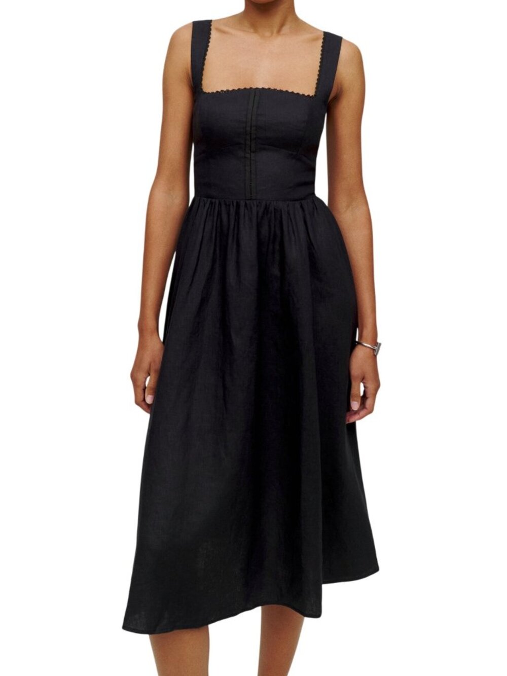 Reformation Tagliatelle Linen Midi Dress Black Square Neck Lace Trim LBD 4